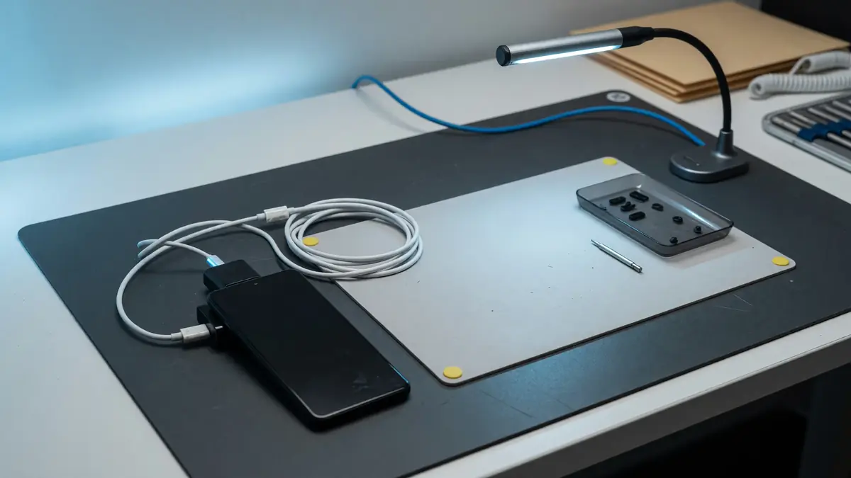 Android safety bench with device and checklist
