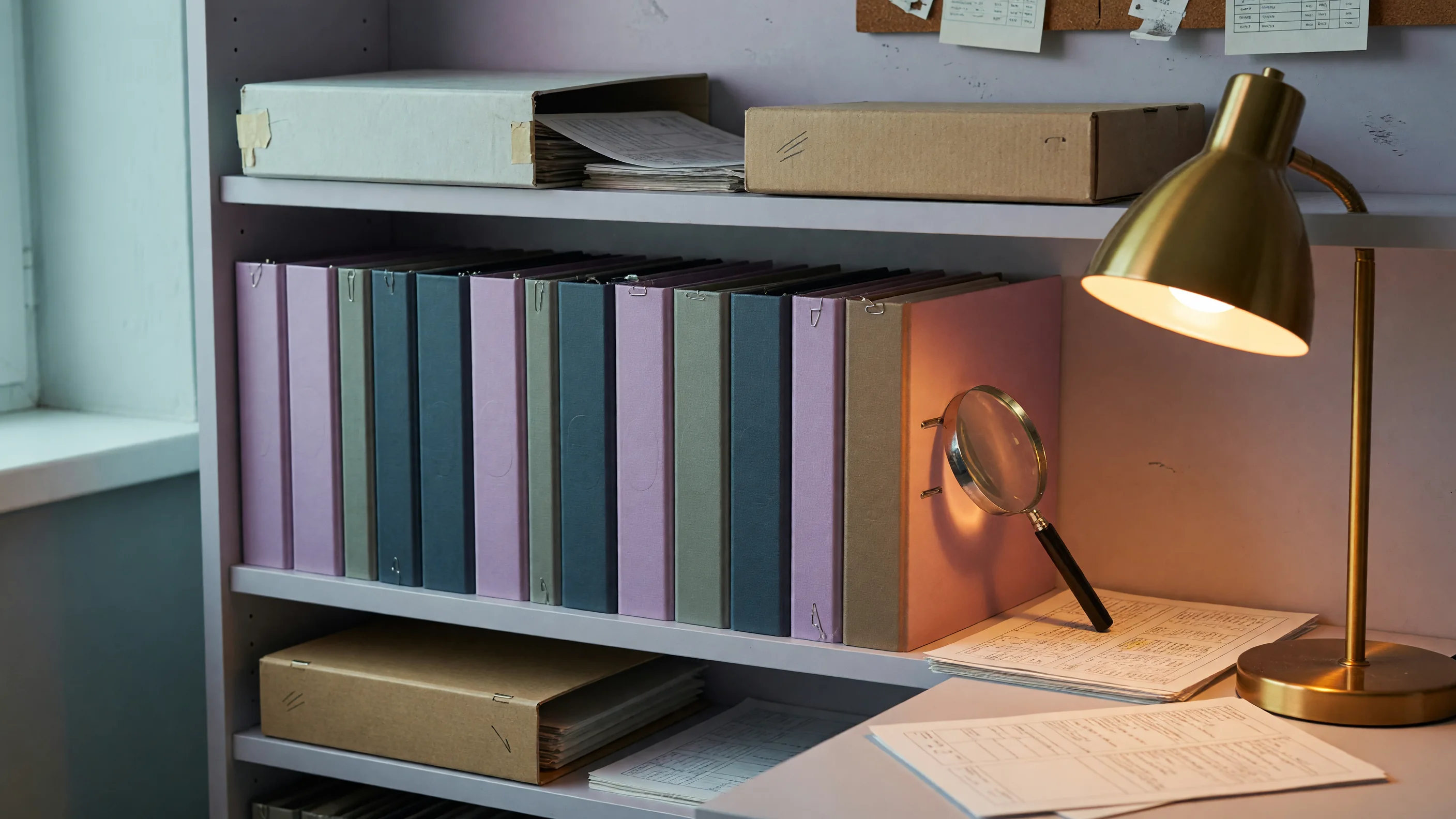 Archive research shelf with labeled binders