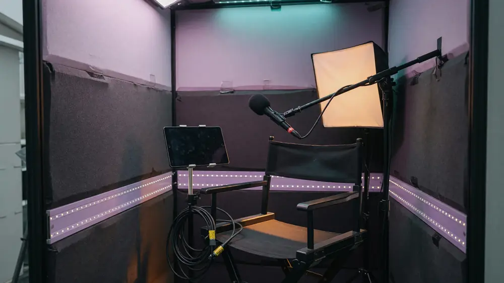 Quiet interview booth with soft key lighting